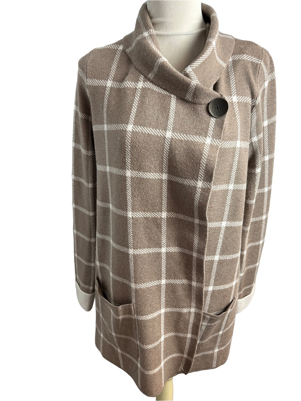 Windowpane Plaid Sweater Cardigan Jacket Pockets Cross Over Closure Heavy Knit